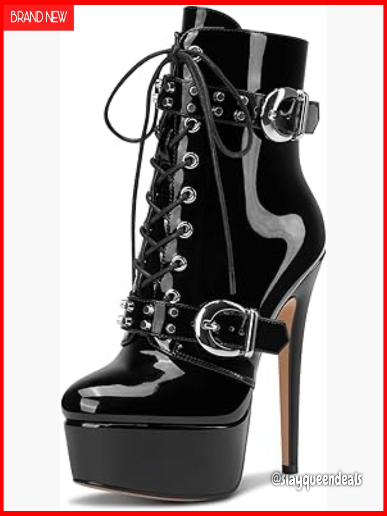 Patent Leather Platform Ankle Boots 6 Inch Stiletto Heel Lace Up Zipper